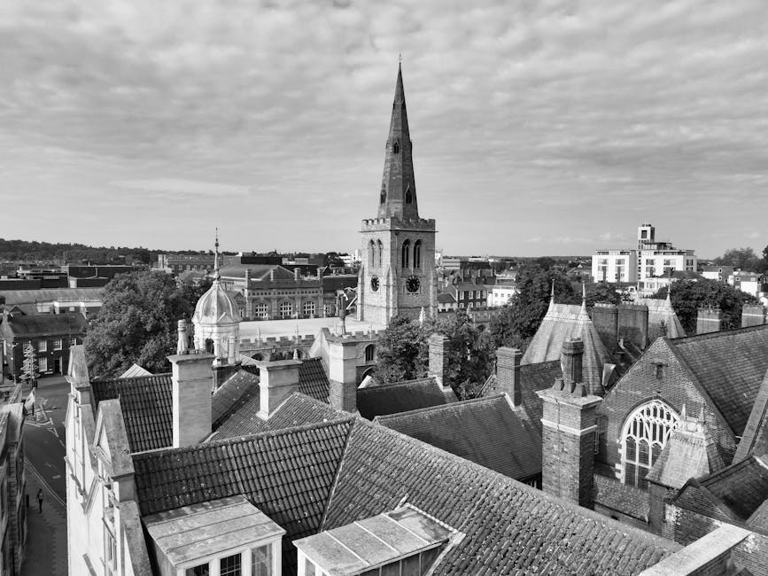 A black and white photograph capturing a cityscape viewed from a high vantage point, showcasing rooftops of various buildings with slate and tiled roofing, some with chimneys. In the foreground, there